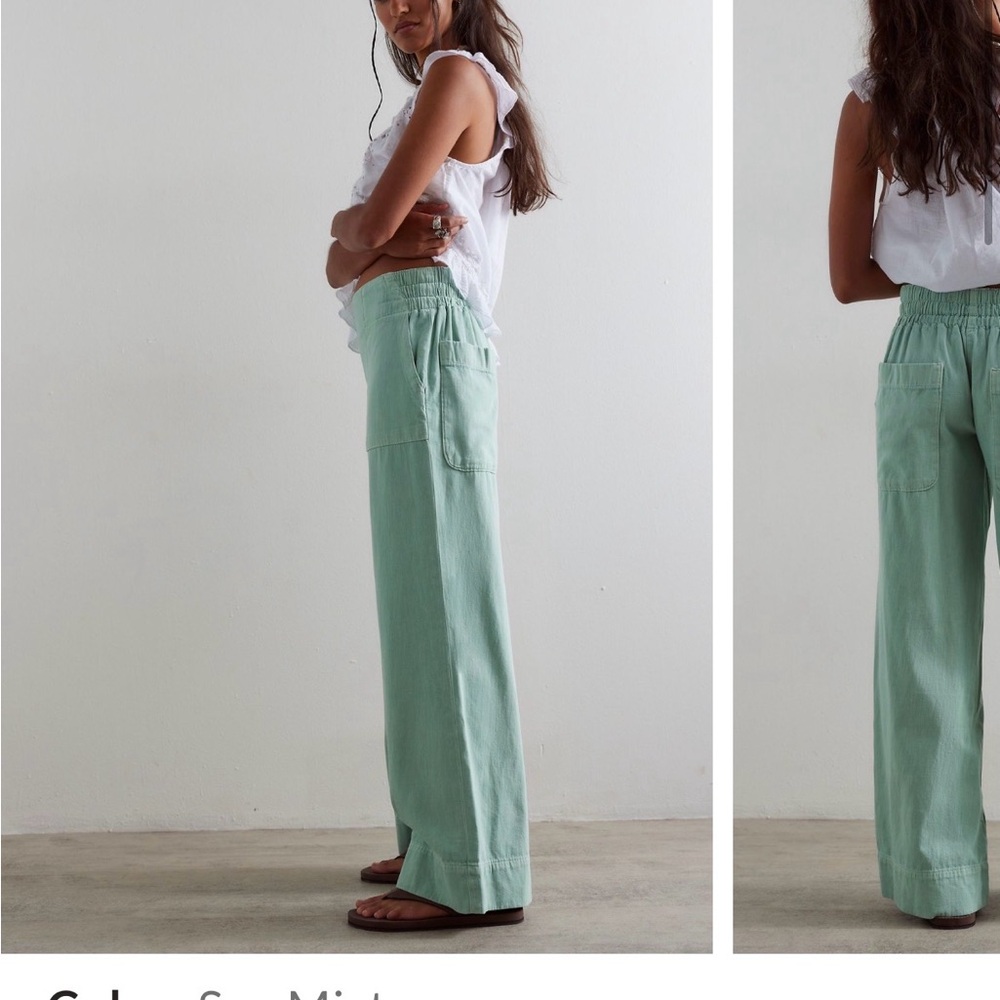Free People Breezy Denim Pull-On Jeans in Sea Mist. Wide-Leg Utility Pants - Picture 2 of 5